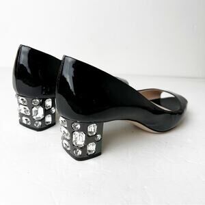 SZ 39 Miu Miu Black Patent Leather Crystal Embellished Block Heel Peep Toe Pumps